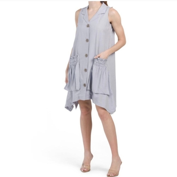 Forcynthia Stripped Linen Blend Sleeveless Asymetric Shirt Button Down Dress - Picture 1 of 10